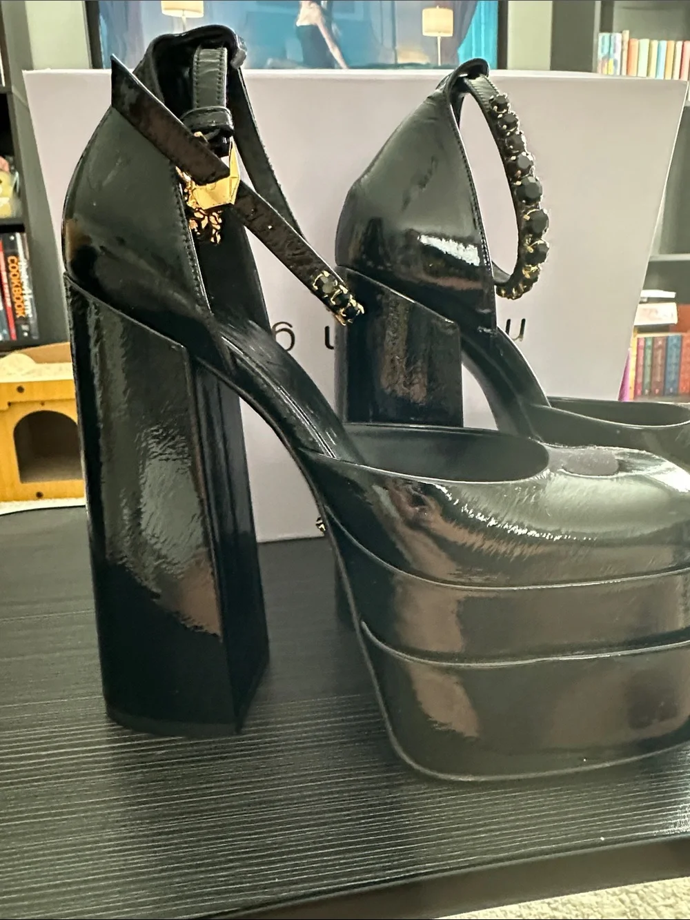 Versace Black Patent Platform Sandals with Gold Chain Ankle Strap